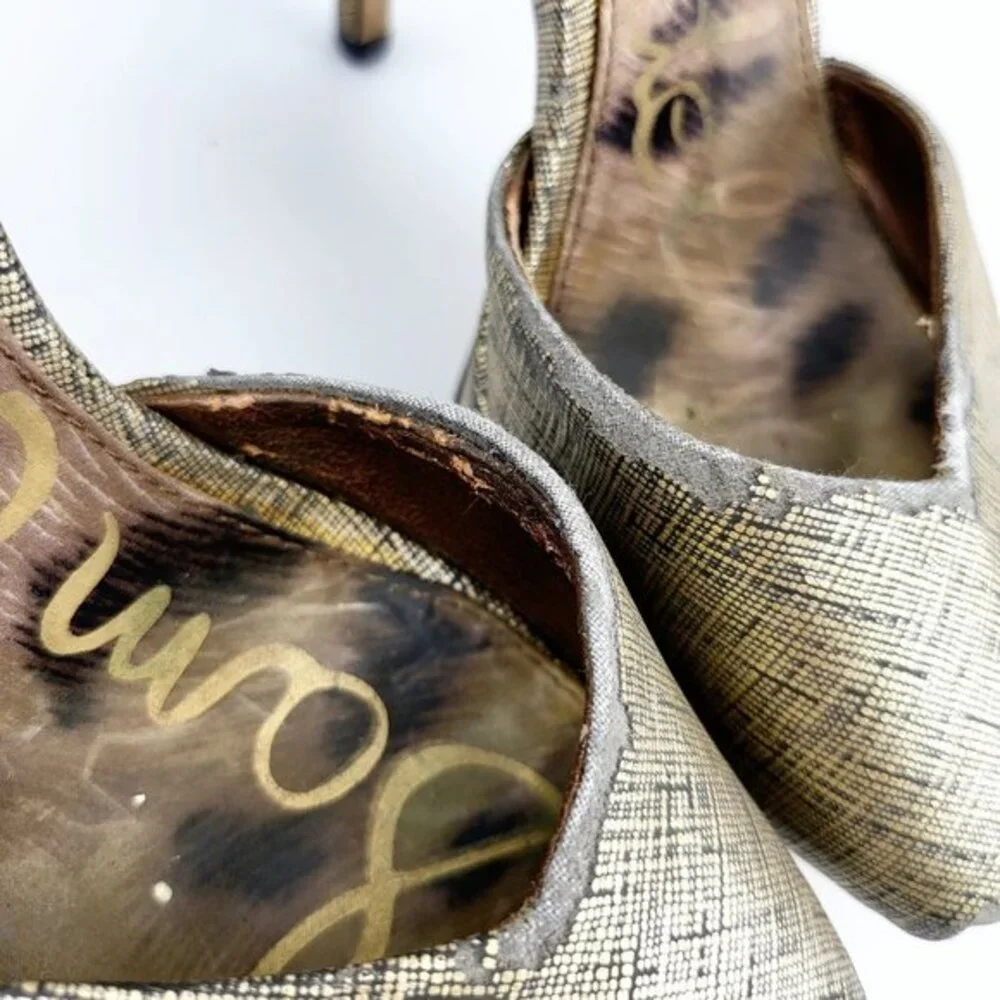 Y2K Platform Heels Sam Edelman Sandals 6 Gold Glam Crosshatch‎ Peep Toe Stiletto
